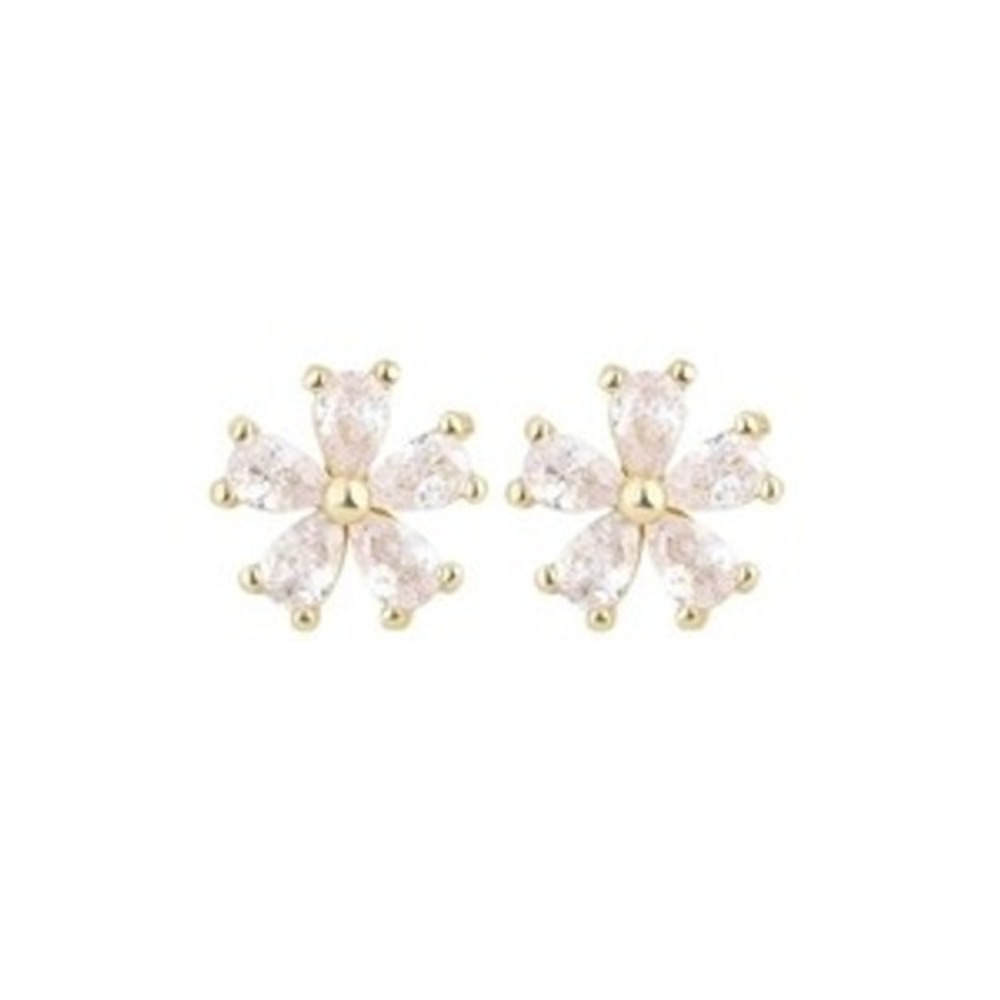 Gold Flower Stud Earrings Sterling Silver Posts Cubic Zirconia Floral Pear Cut